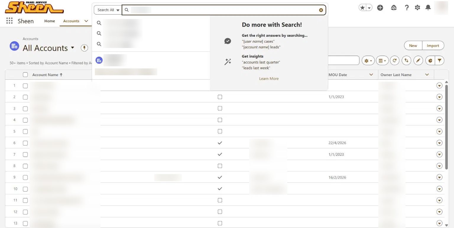 Dashboard interface showing Sheen panel service with account list and search feature.