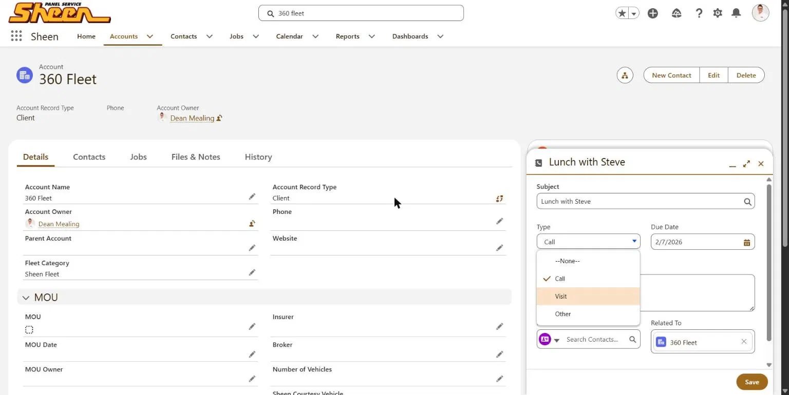 Salesforce account page for 360 Fleet with details and an open task window for Lunch with Steve call due 2/7/2026.