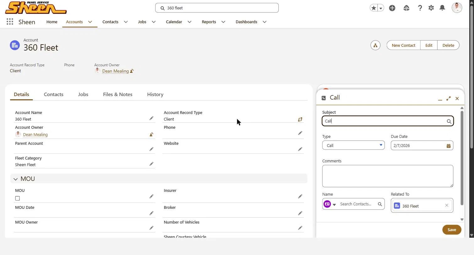 Customer account dashboard for 360 Fleet showing details and a call entry form with subject and due date.