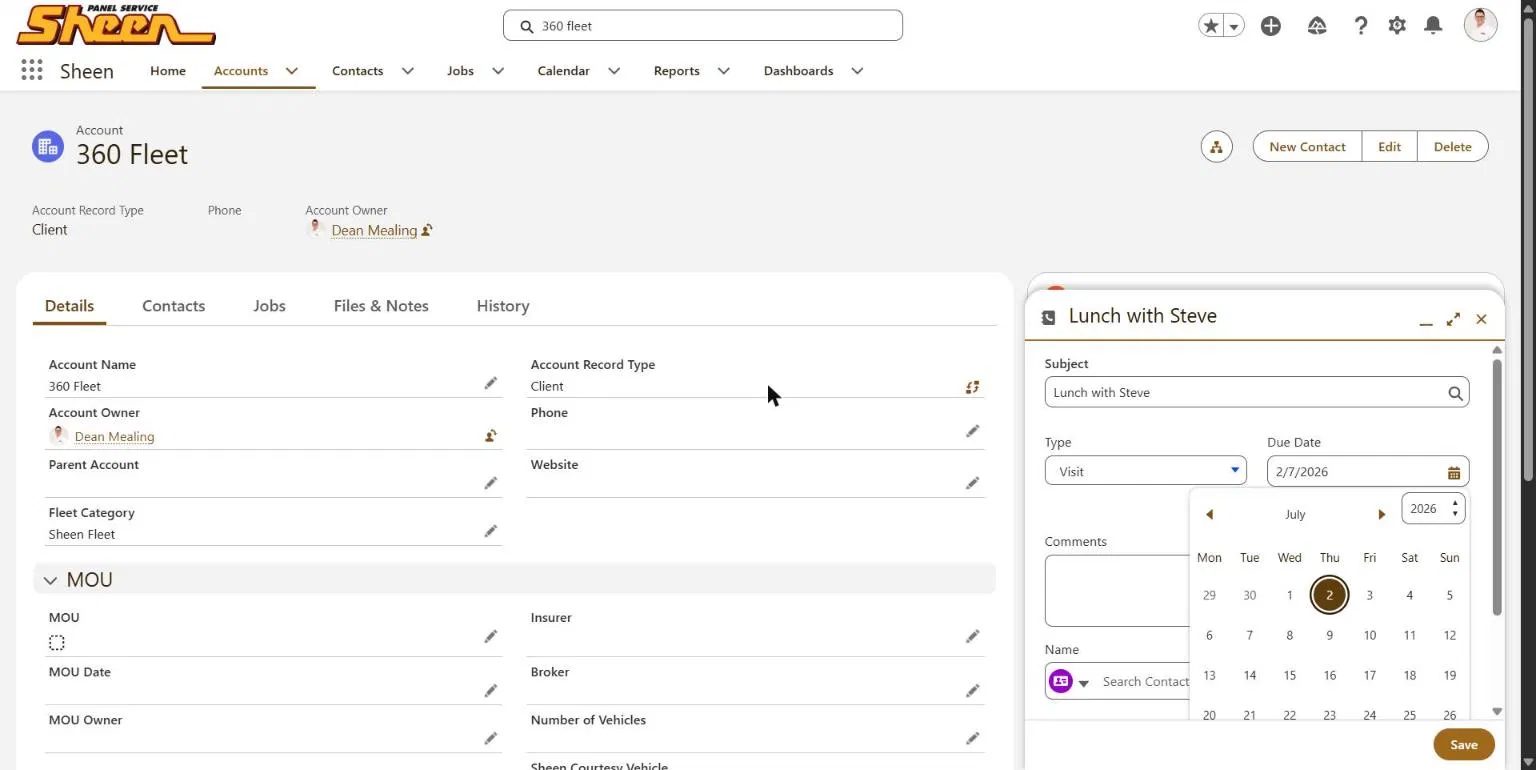 CRM page for client account 360 Fleet including details and a calendar popup setting a due date for a visit.