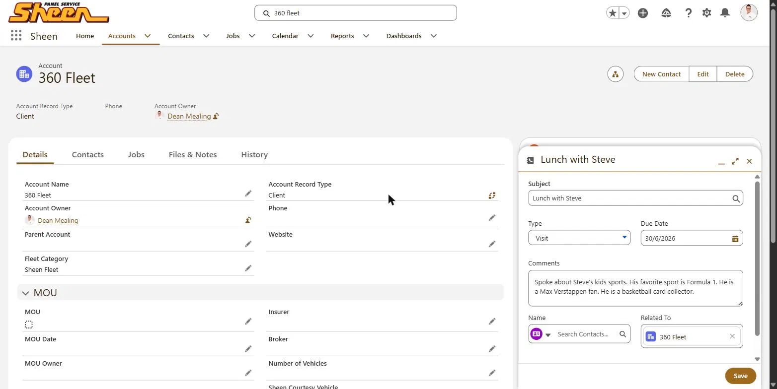 CRM screen showing account details for 360 Fleet and a meeting note titled Lunch with Steve.