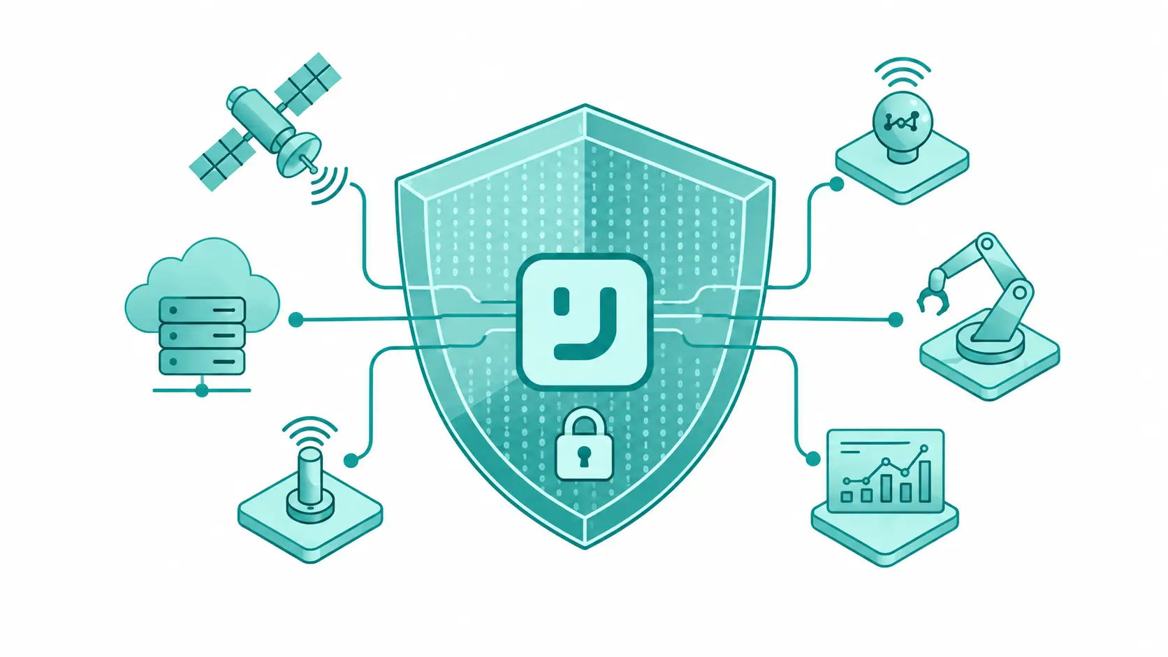 Teal illustration of secure communication between connected devices and cloud services