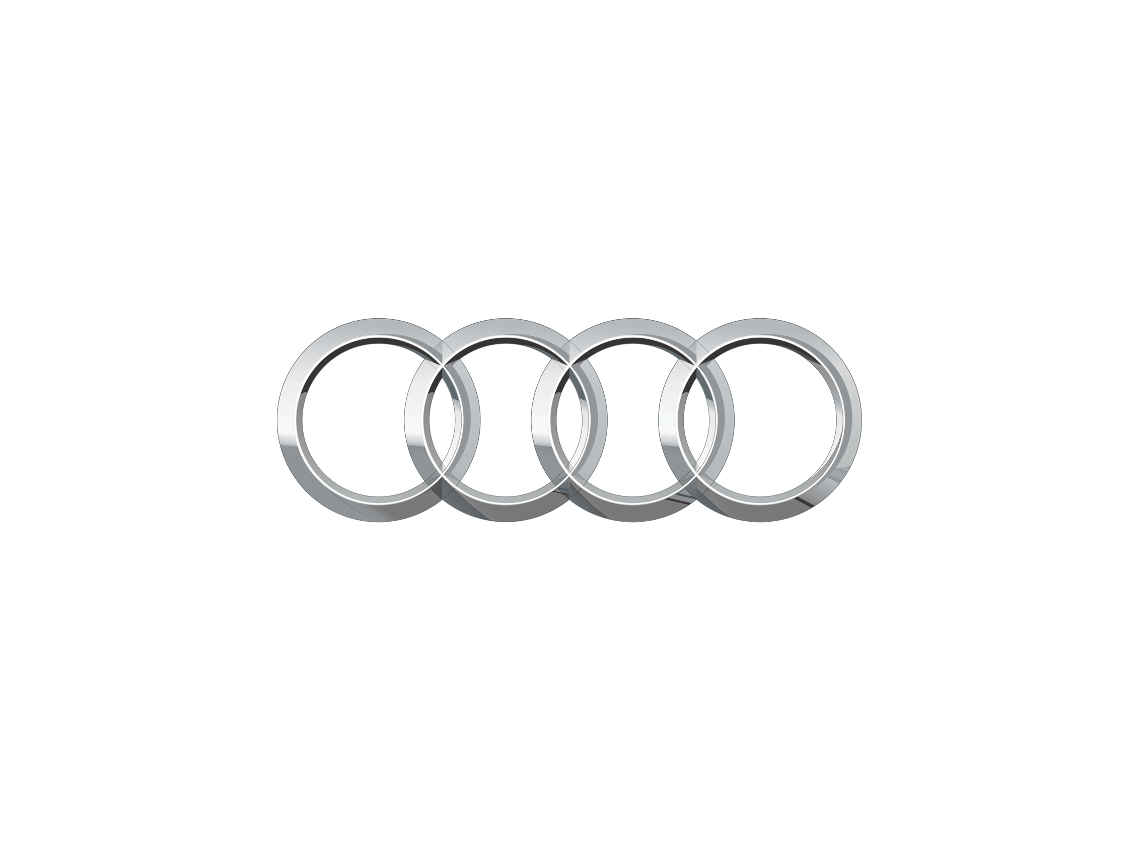 Four interlinked silver rings forming the Audi logo on a black background.