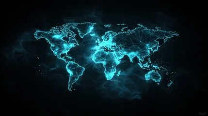 world map Futuristic Maps World map with glowing city lights and interconnected lines, forming a futuristic global network, dark background.