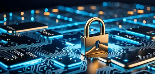 cybersecurity service concept of motherboard and safety authentication network or AI regulation laws with login and connecting.