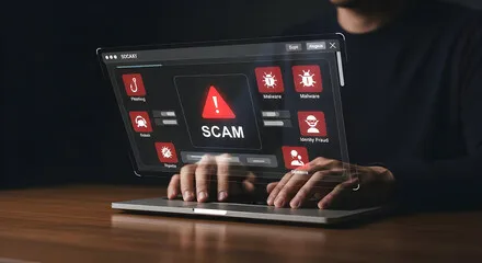 Person viewing scam alert on laptop screen, concept of fraud, cybercrime, phishing, identity theft, online danger, digital security, hacking, illegal activity.