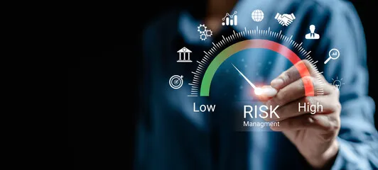 Businesswoman analyzing risk and opportunities to planning business via risk level indicator virtual rating low to high digital virtual, Risk management strategies concept.