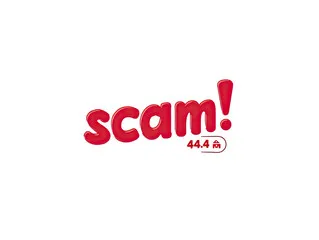 Red 3D text "Scam!" with exclamation point