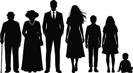 PrintSilhouette vector illustration of diverse age groups including elderly, adults, children, and toddler, showcasing generational diversity and human posture concepts