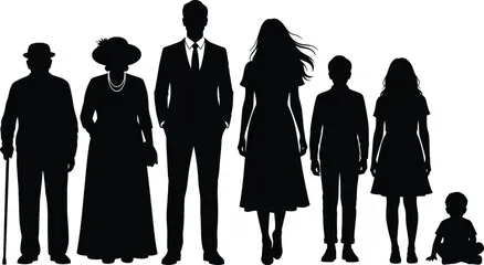 PrintSilhouette vector illustration of diverse age groups including elderly, adults, children, and toddler, showcasing generational diversity and human posture concepts