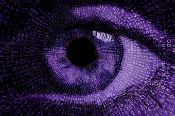 Surveillance eye made of binary code, black void with violet spiral, privacy concern art