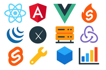 JavaScript Framework Icons. Flat vector icons of JavaScript Frameworks and Libraries: React logo, Angular symbol, Vue icon, Svelte