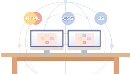 Two computers display web development technologies html css and js on a table with network lines