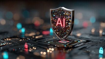 AI Security and Cyber Defense Shield on a Circuit Board