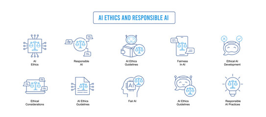 Explore the ethical aspects of AI and responsible AI development with this subset. Icons include AI ethics guidelines, responsible AI practices, and fairness in AI.