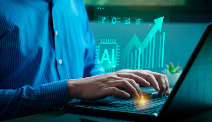 Businessman using artificial intelligence to boost productivity and performance, with upward arrow graph and digital data interface, symbolizing AI-driven growth, innovation, and future success.