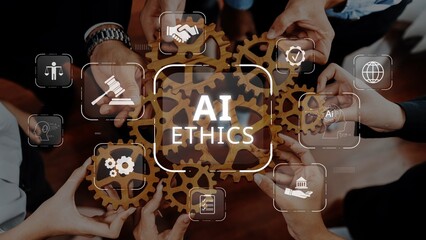 A group of diverse hands gather around interconnected gears representing concepts of AI ethics and technology. Digital icons showcase collaboration and innovation in modern settings. Raster