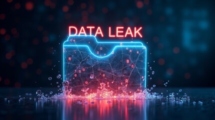 A glowing, transparent folder symbolizes a data leak, surrounded by abstract digital elements and a reflective surface, creating a tech-themed atmosphere.