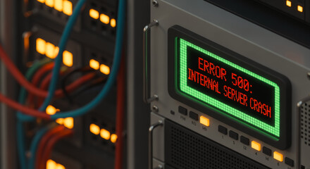 A close-up of a server cabinet, the green screen displays a critical error message, signaling an internal server crash and system failure.