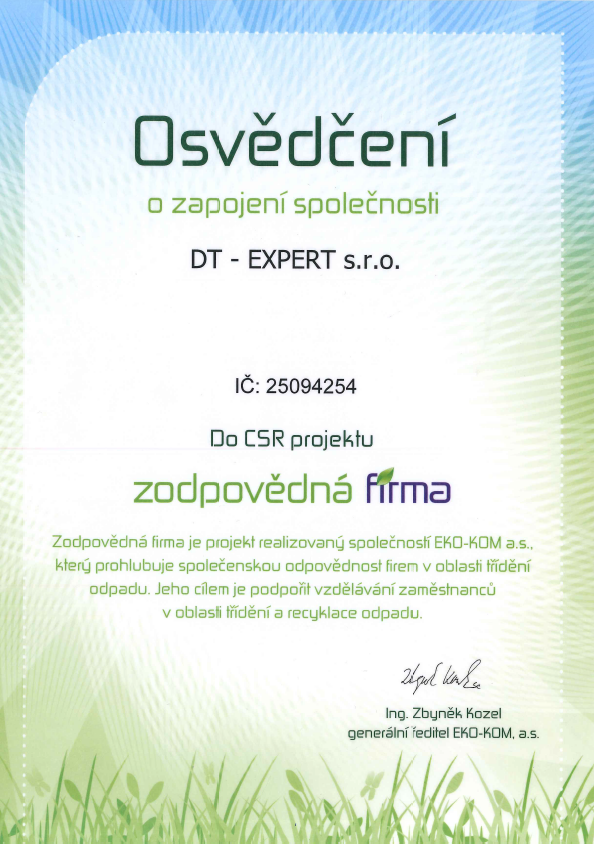 Osvědčení Zodpovědná firma DT-Expert
