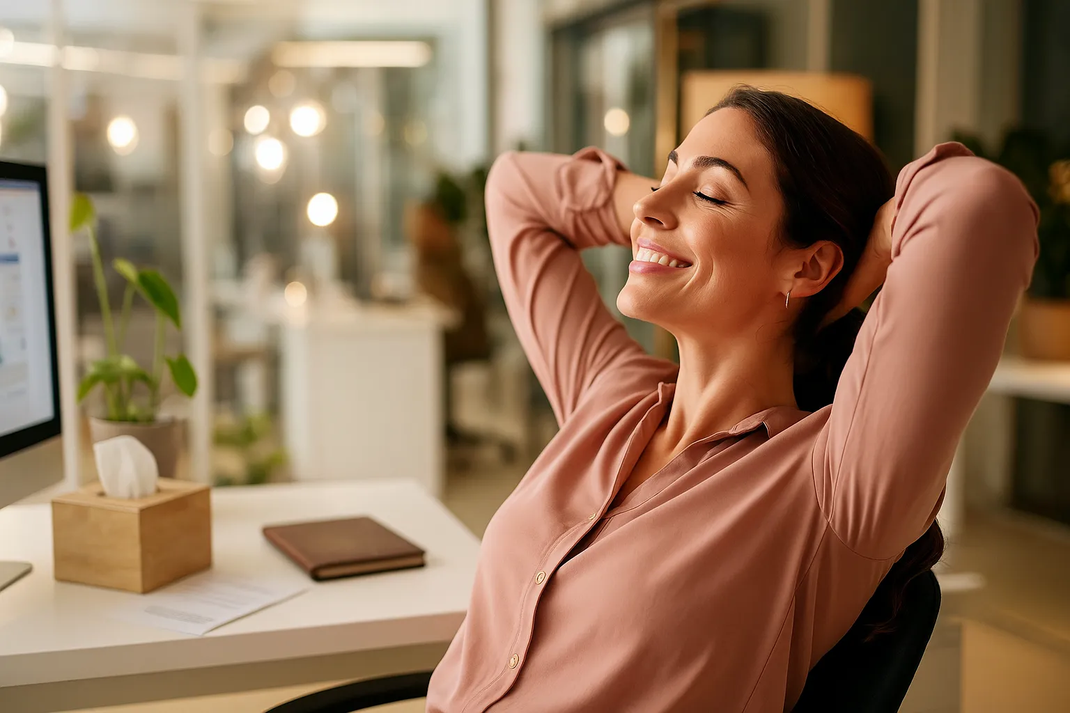 woman leaning back in a chair with her arms behind her head