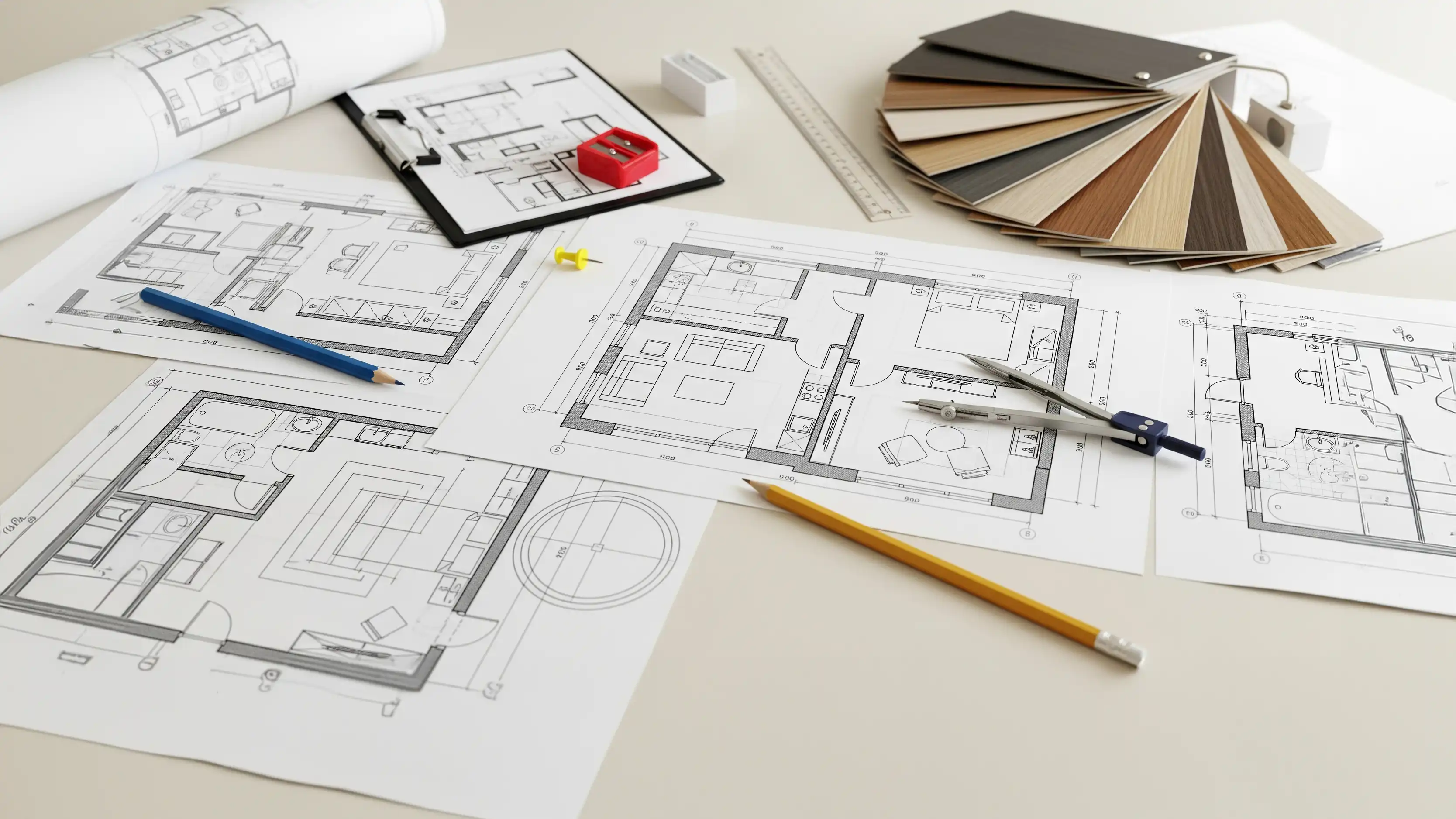 Office plans on a desk with pencils