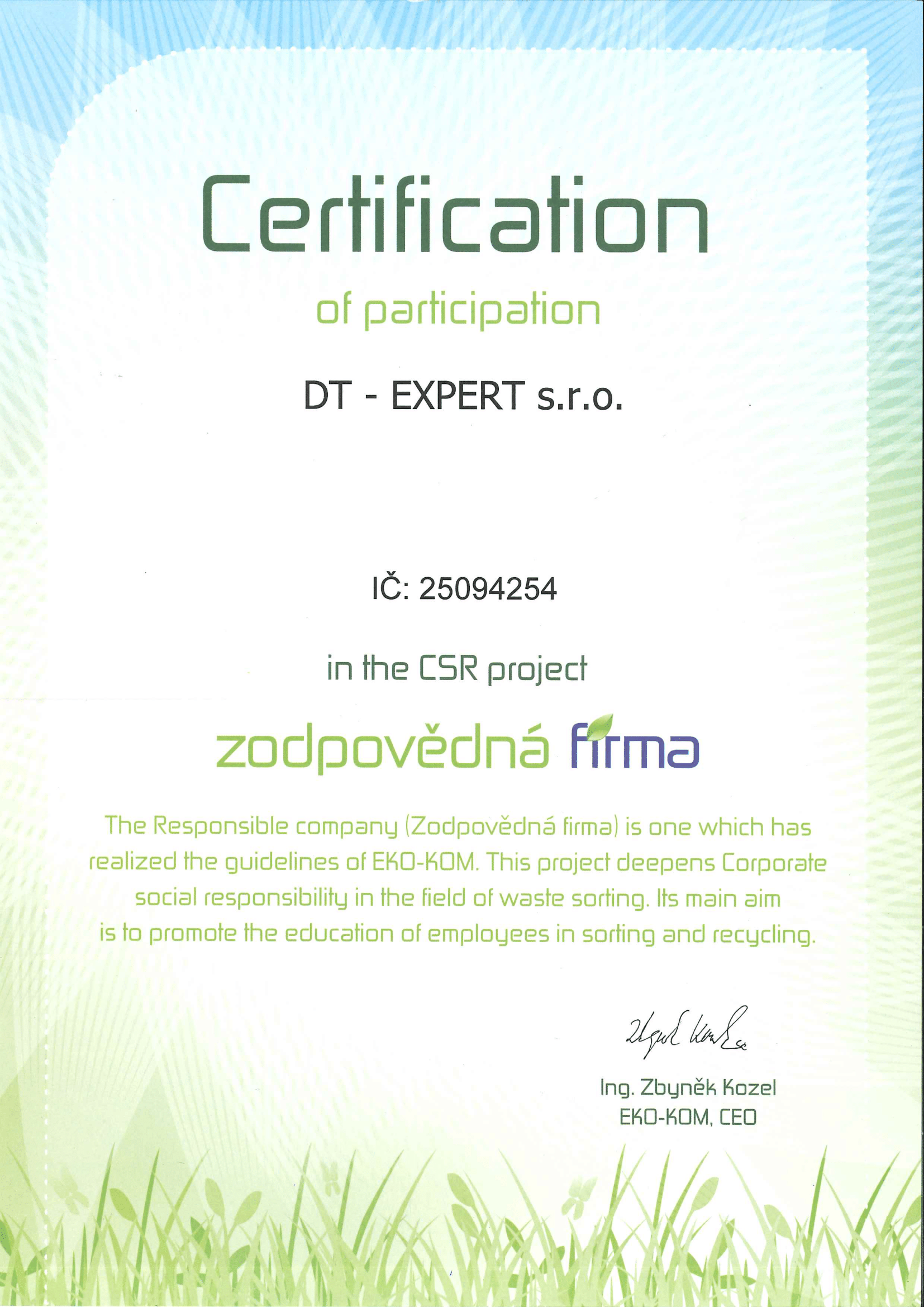 Zodpovědná firma (Responsible company) certificate