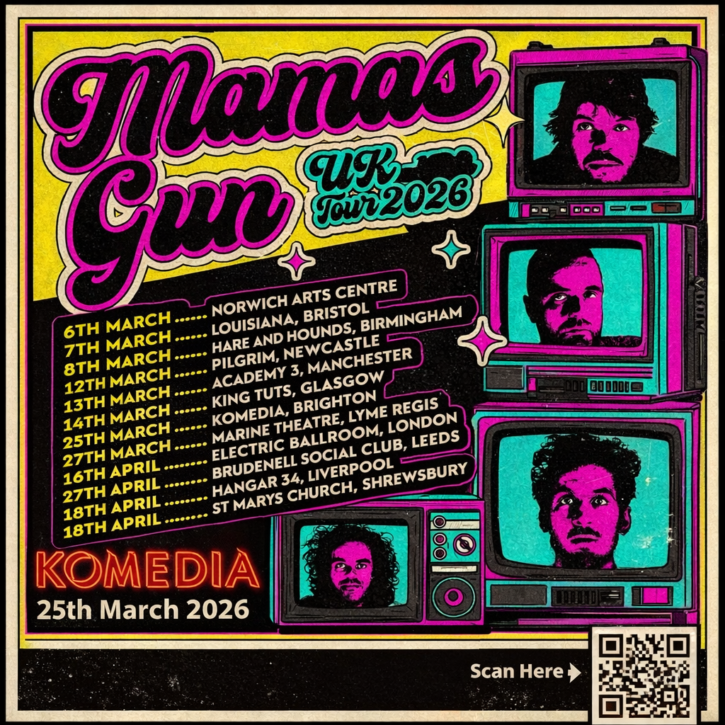 Retro-style poster for Mamas Gun UK Tour 2026 with tour dates and TV screen portraits of band members.
