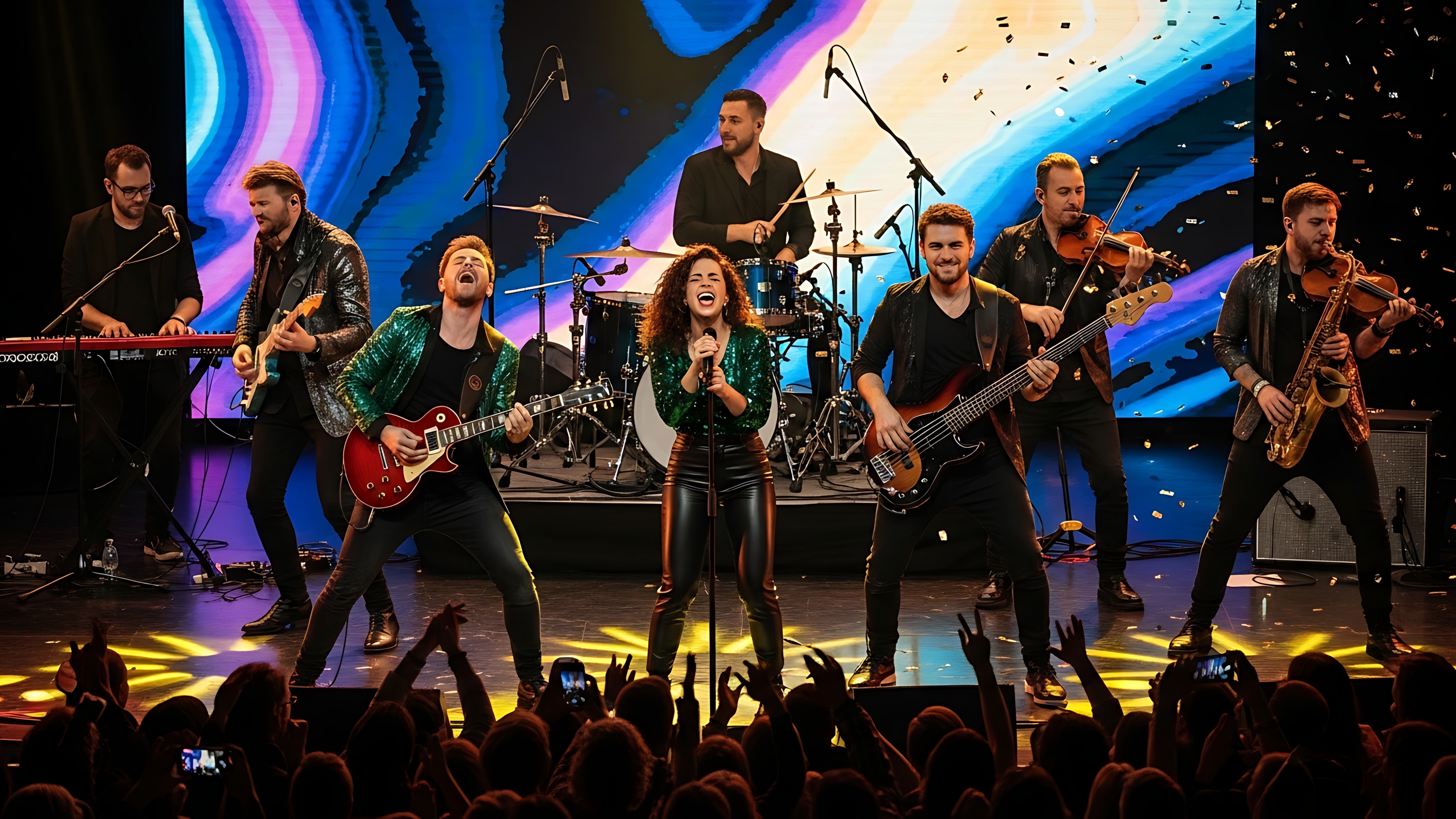 Energetic band performing on stage with a singer front and center, guitarists, bassist, violinists, keyboard player, and drummer, with colorful abstract background and audience in foreground.