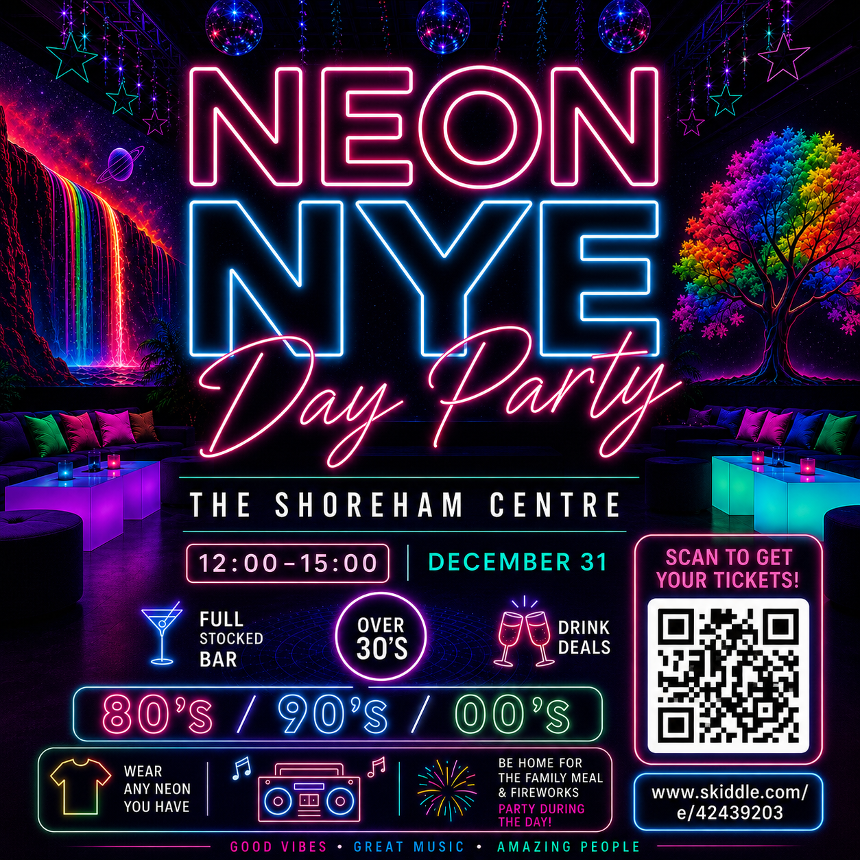 Event poster featuring a disco ball with text highlighting an 80's vs 90's ultimate day disco for over 30s, listing music genres and bands.