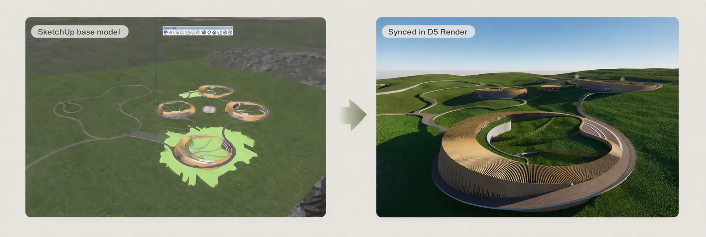 SketchUp-basismodel en gesynchroniseerde D5-scène met materialen