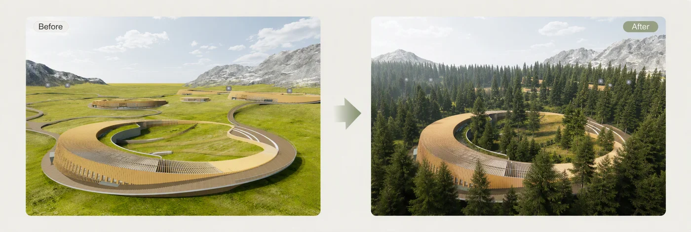 Terrain autour d’un pavillon avant et après l’ajout d’arbres avec D5 Scatter