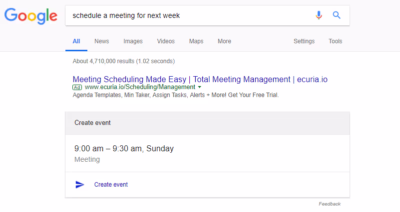 Schedule a meeting by typing directly into Google