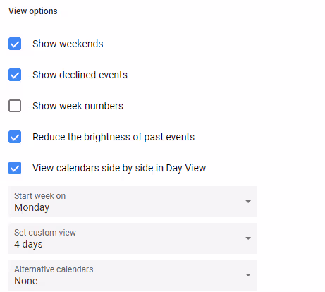 Change week start days in Google Calendar