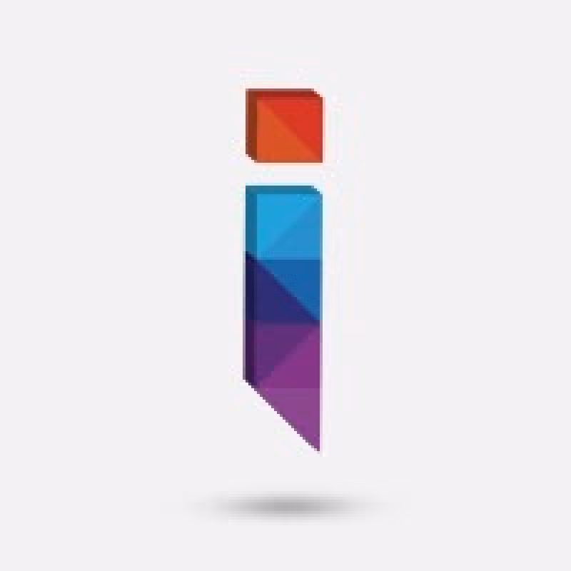 Stylized lowercase letter i composed of colored geometric shapes with shadow on light background.