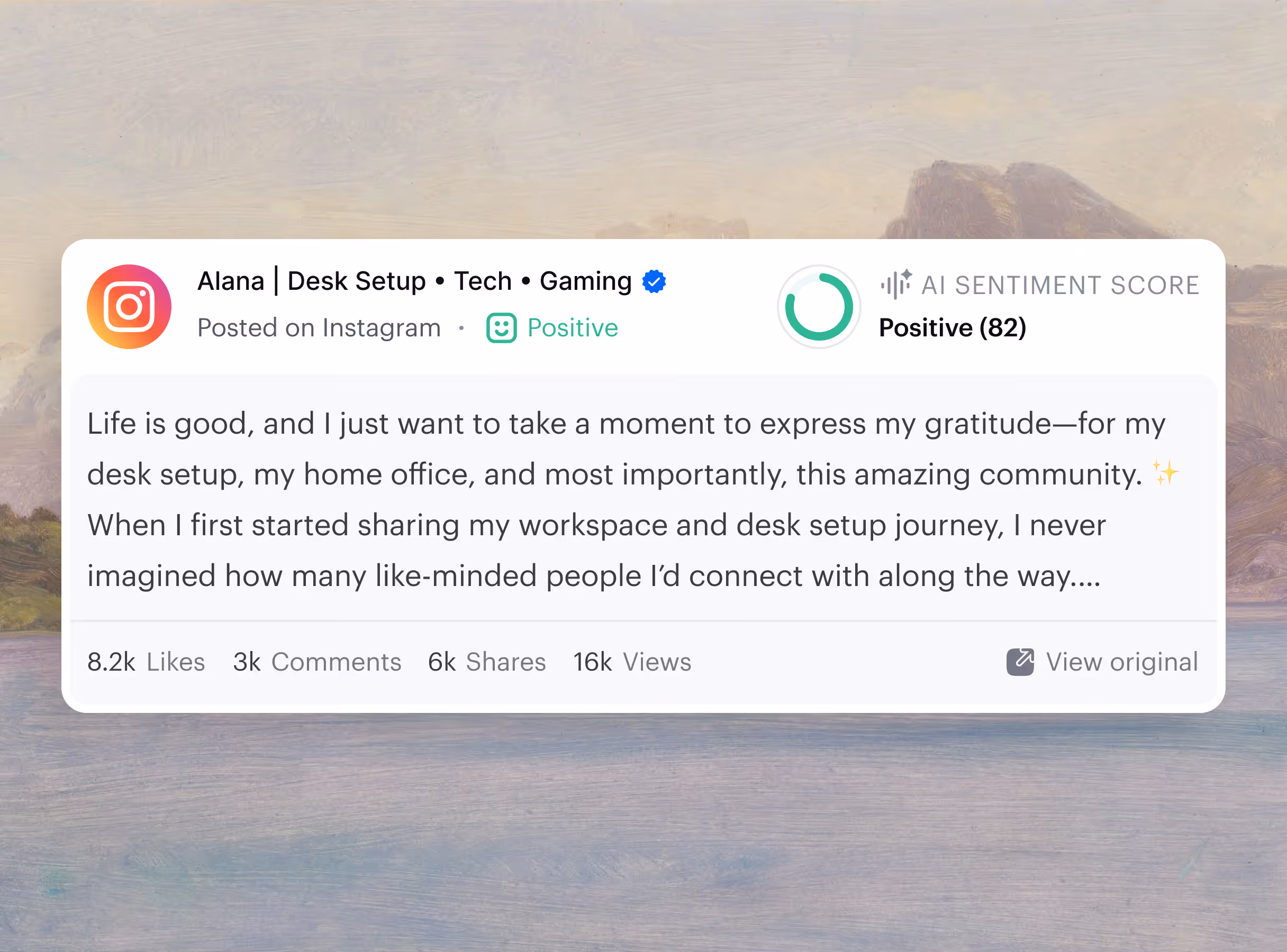Instagram post by Alana about gratitude for her desk setup, community, and workspace shared positively with 8.2k likes.
