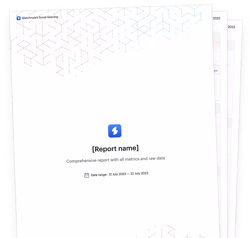 Front page of a social listening report template showing date range 12 to 22 July 2023 with a blue icon.