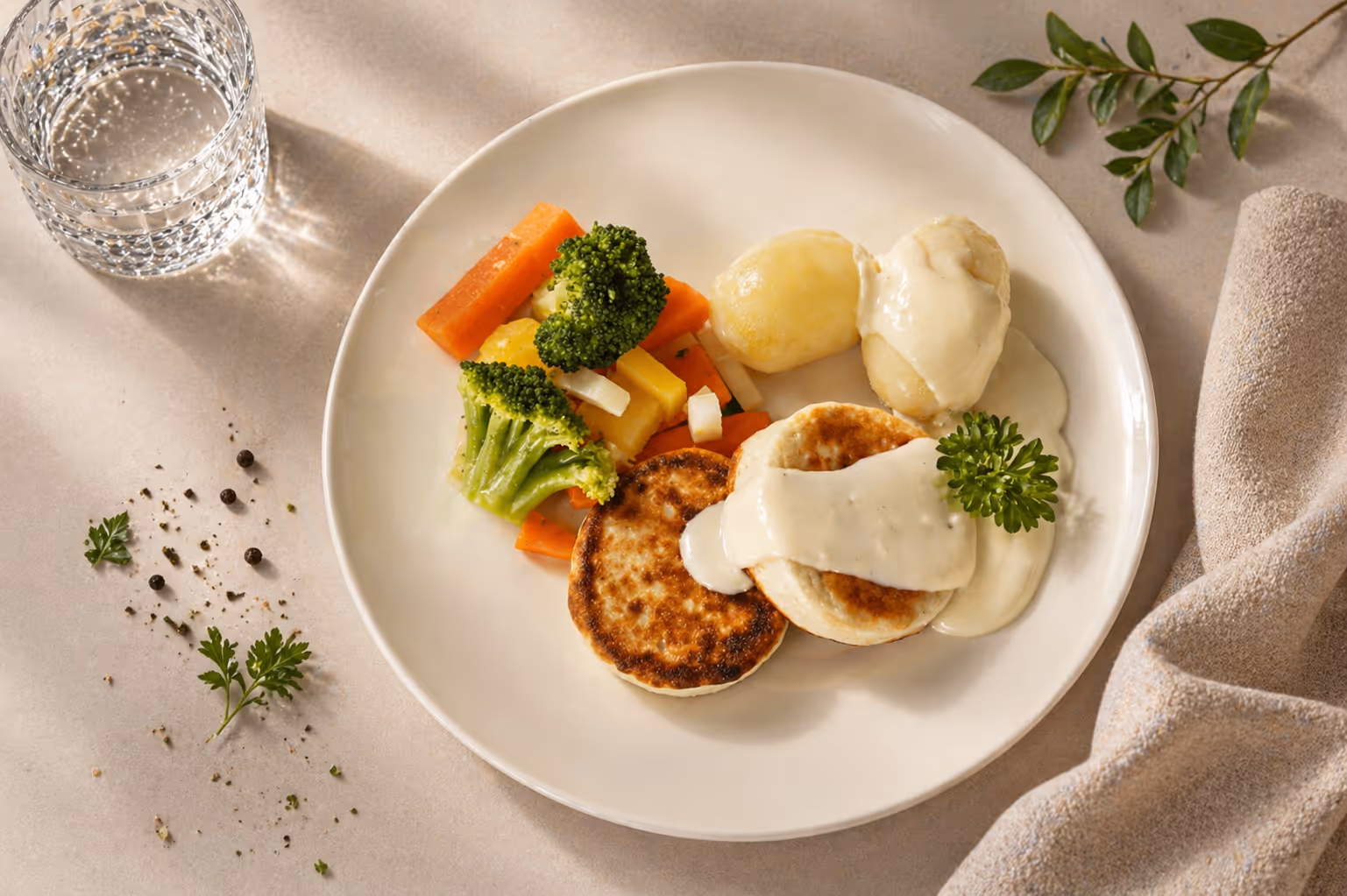 Salt kjøtt og pølse med poteter, rotmos og frikasesaus