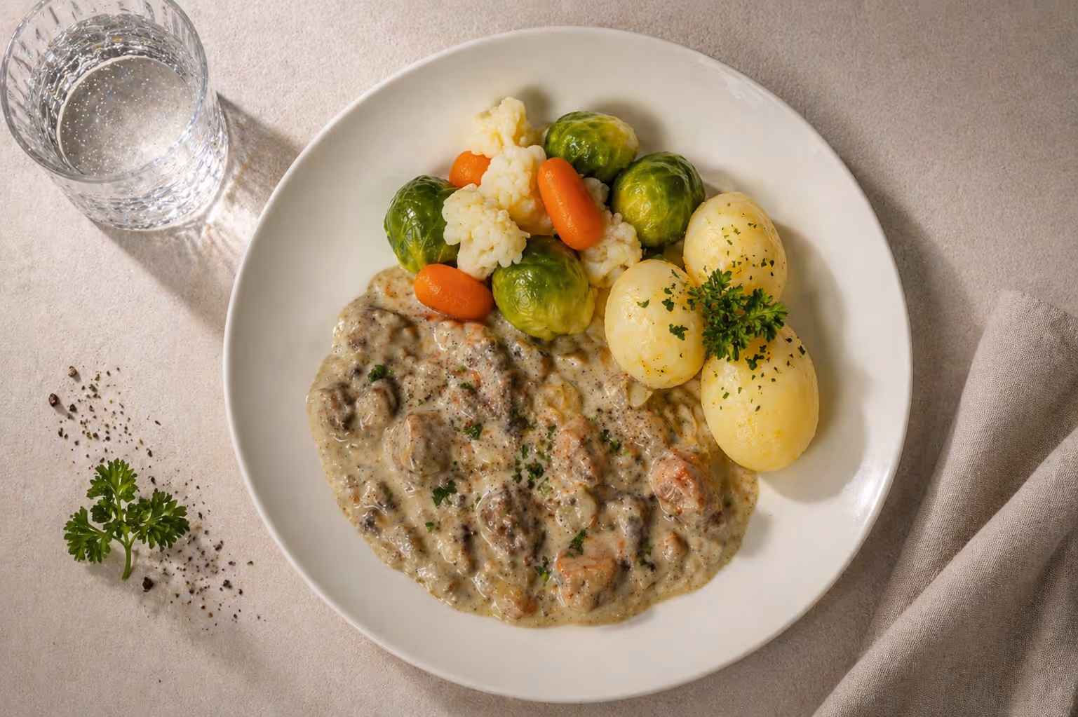 Kjøttpølser fra Grilstad i brun saus med kålstuing og grønnsaker