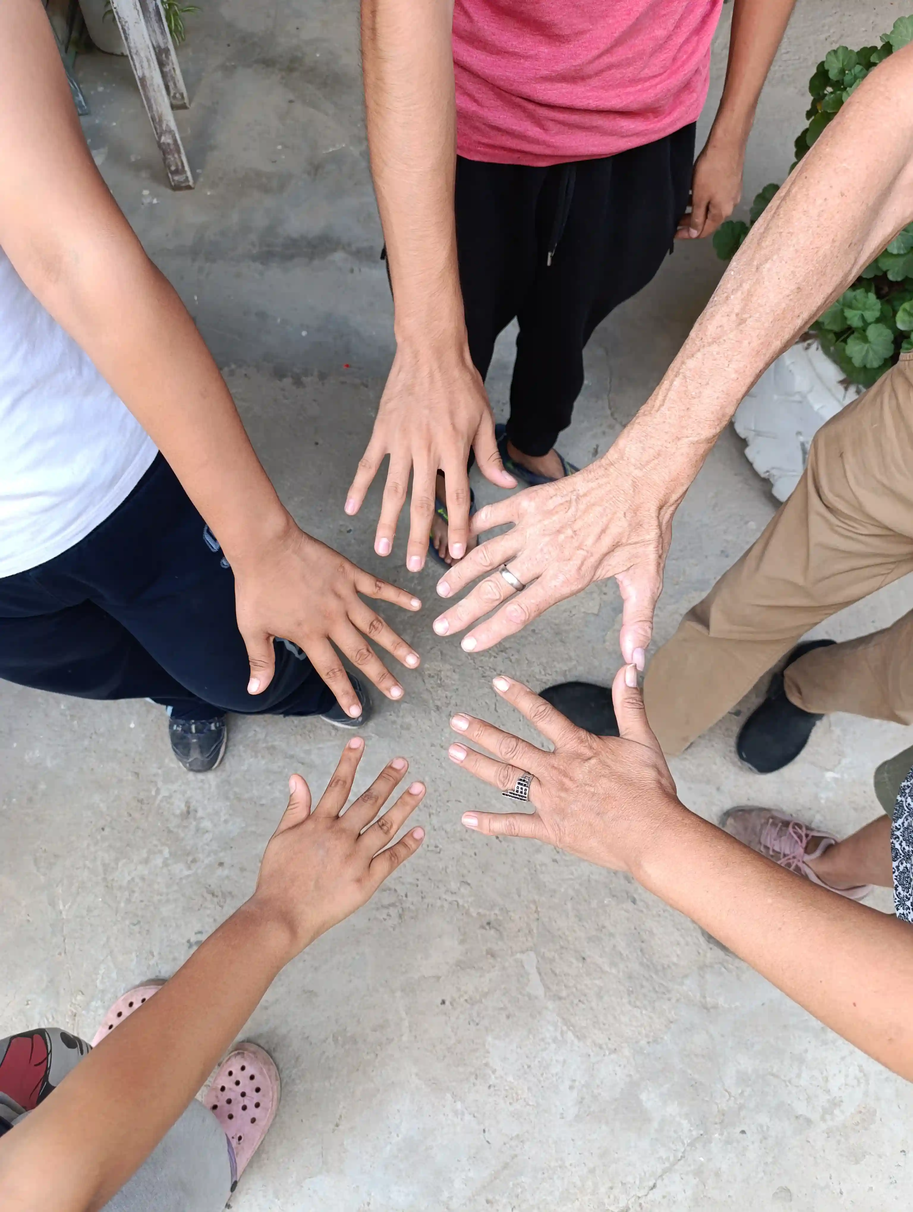 Julia, Ana, Daniel and Sonia holding their hands together.