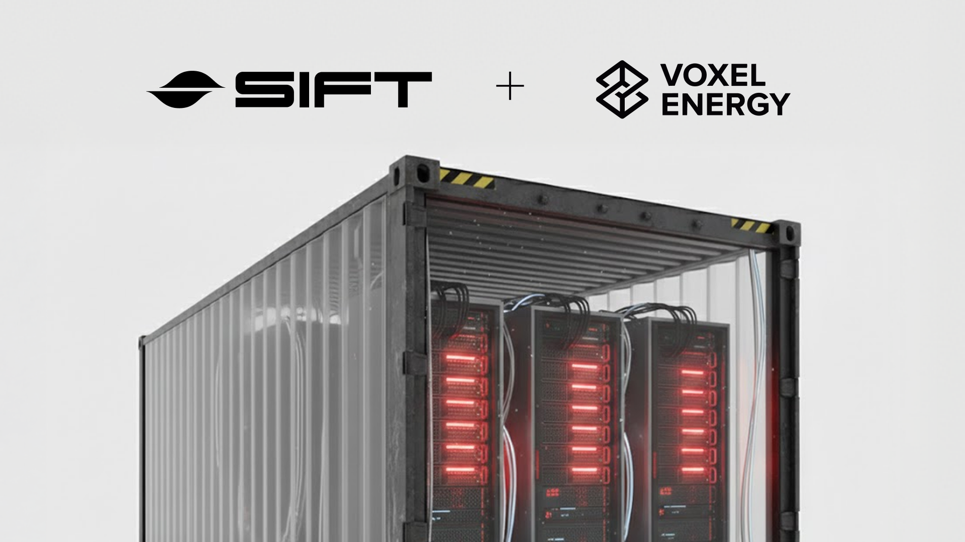 Render of a portable energy pod with the logos "Sift" and "Voxel Energy" overlaid on top. 