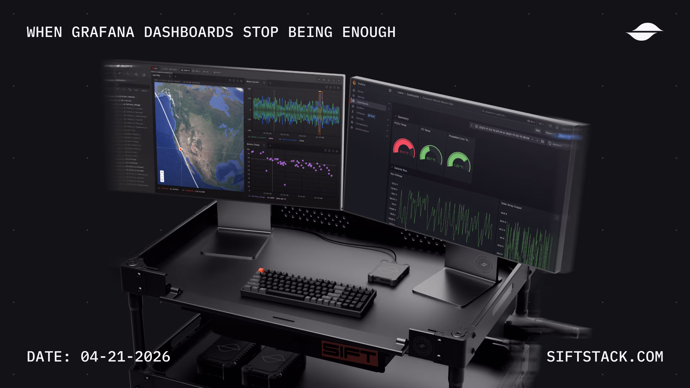 Image of a tech cart with two computer screens showing Sift Explore interface and Grafana dashboard