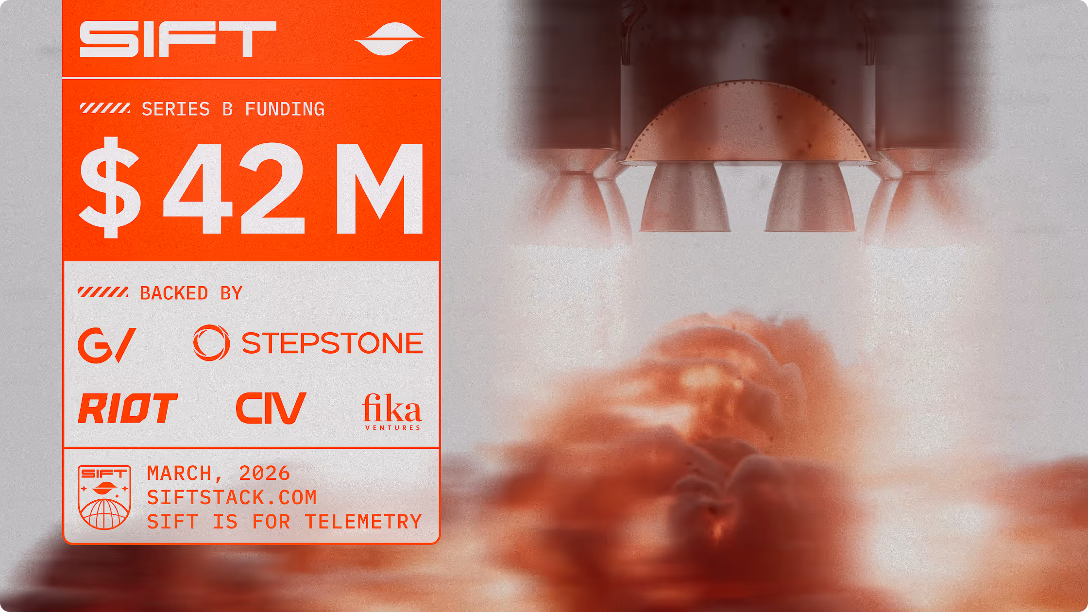Image of a rocket launching with a text container including Sift Series B funding of $42M and funding partners overlaid on top