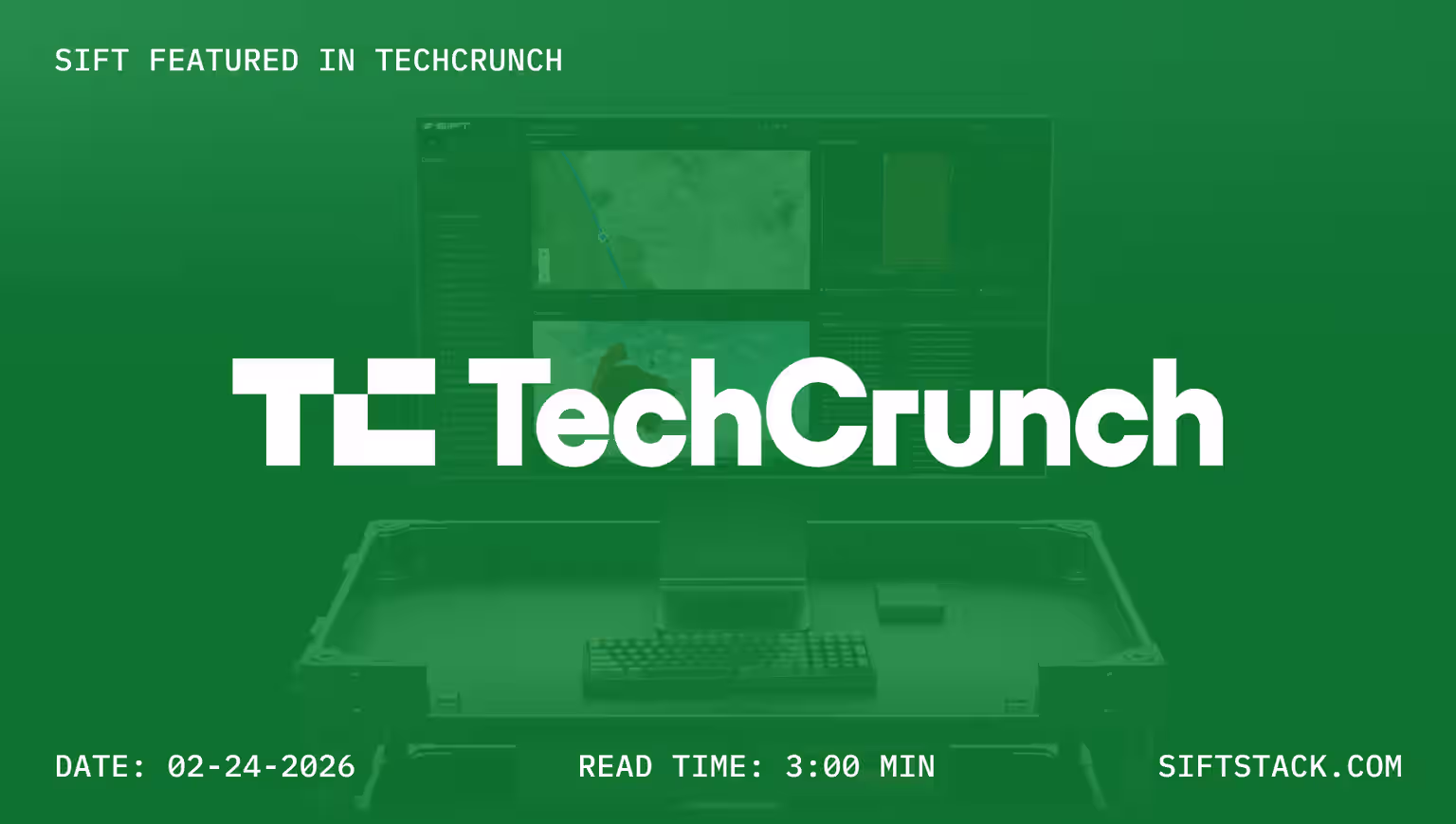Image of TechCrunch logo overlaid on top of a semi-visible image of a tech cart with a computer screen displaying a Sift Explore interface 