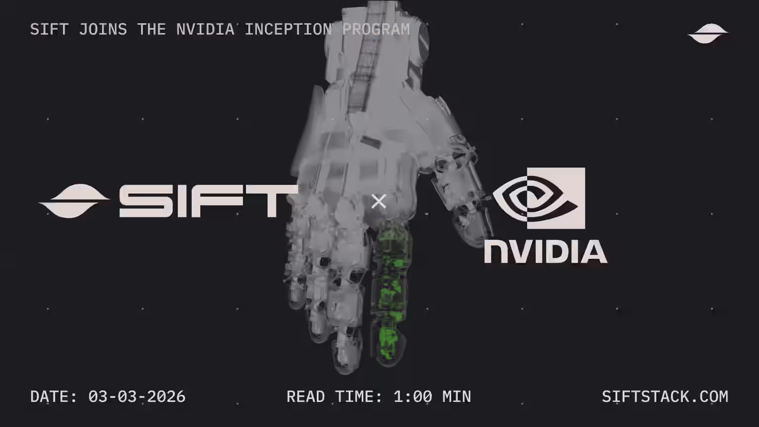 Graphic showing Sift and NVIDIA logos overlaid on top of an image of a robotic hand