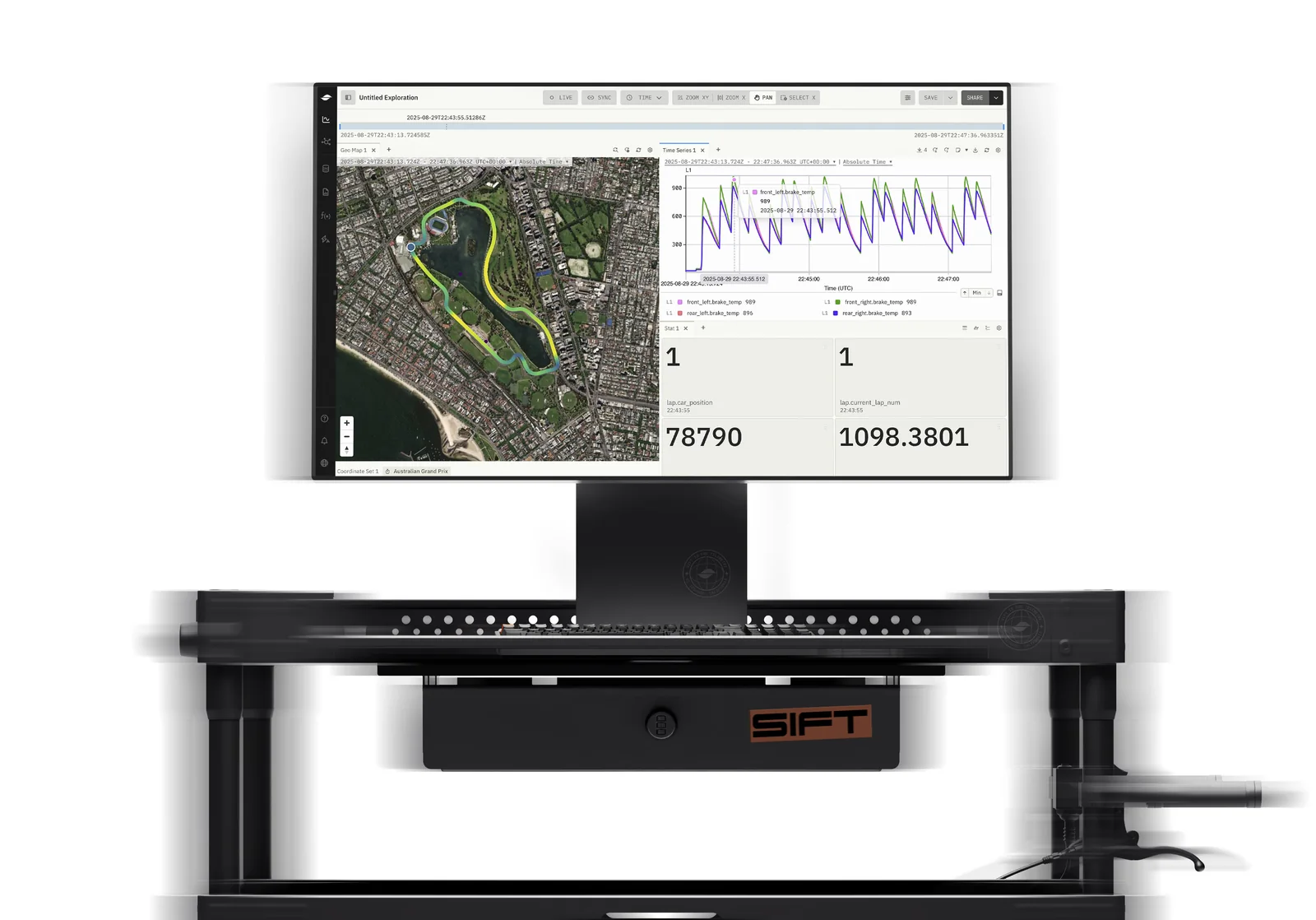 Sift Explore showing a lap of the Australian Grand Prix circuit on a map beside brake temperature telemetry, on a monitor mounted on a Sift test cart