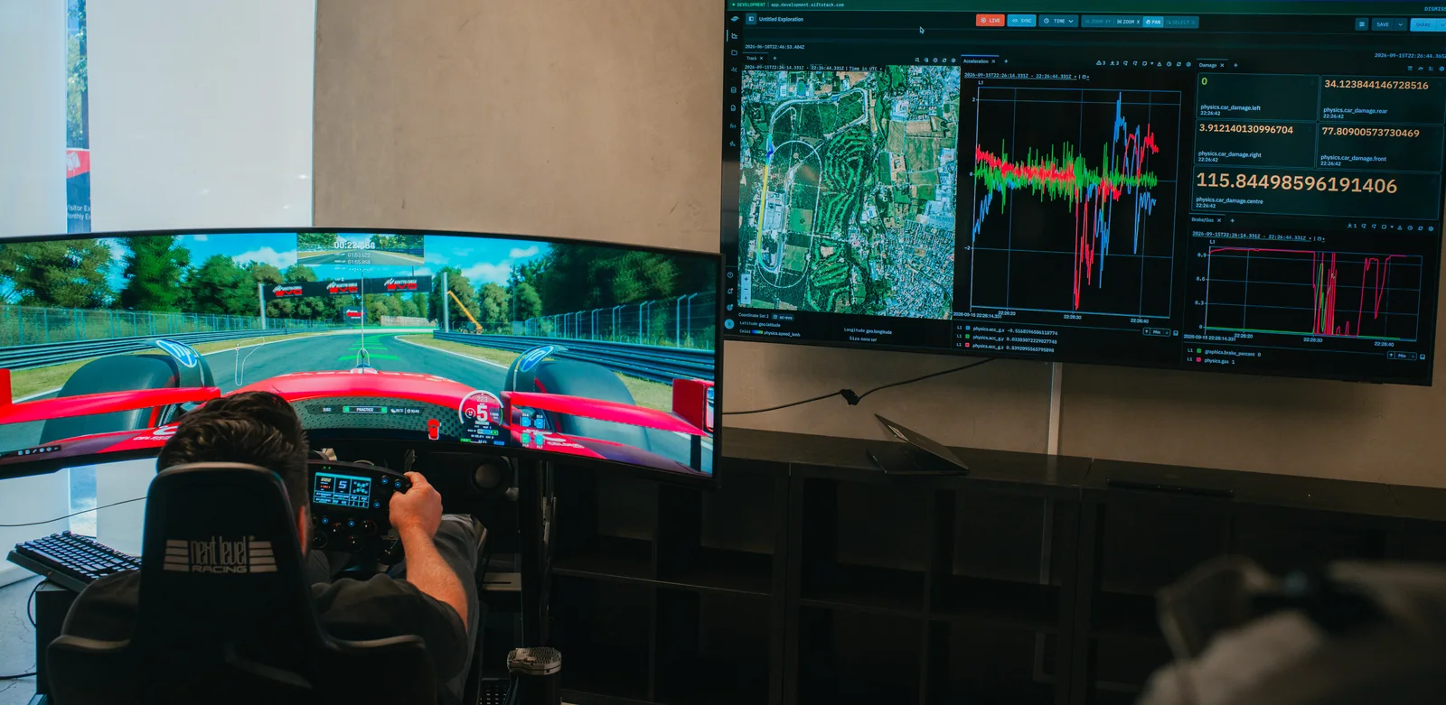 A driver in a racing seat runs a Formula 1 simulator on a curved screen, with the lap's live telemetry in Sift Explore on the wall screen beside the rig