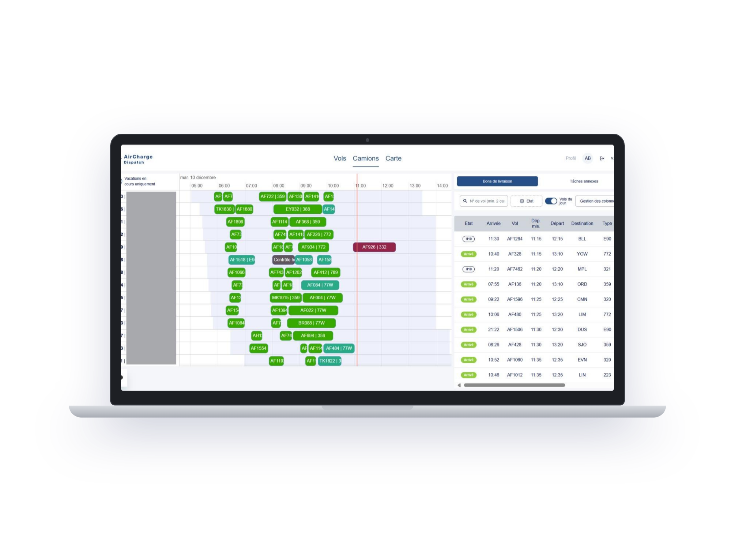 Aircharge Dispatch sur ordinateur : planning des oléoserveurs et affectation des vols