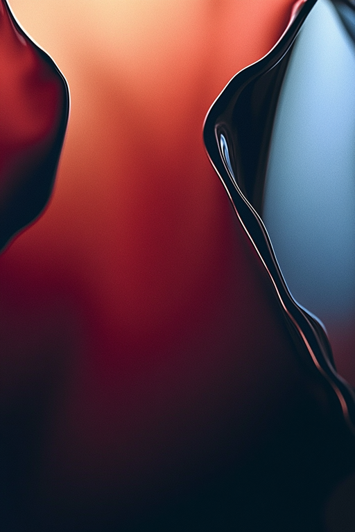 Abstract liquid forms with silky flow in a Vogue-inspired editorial style. Gradient transitions from deep blacks to vibrant reds and soft blues create a mood of elegance and mystery, suggesting movement and sophistication.