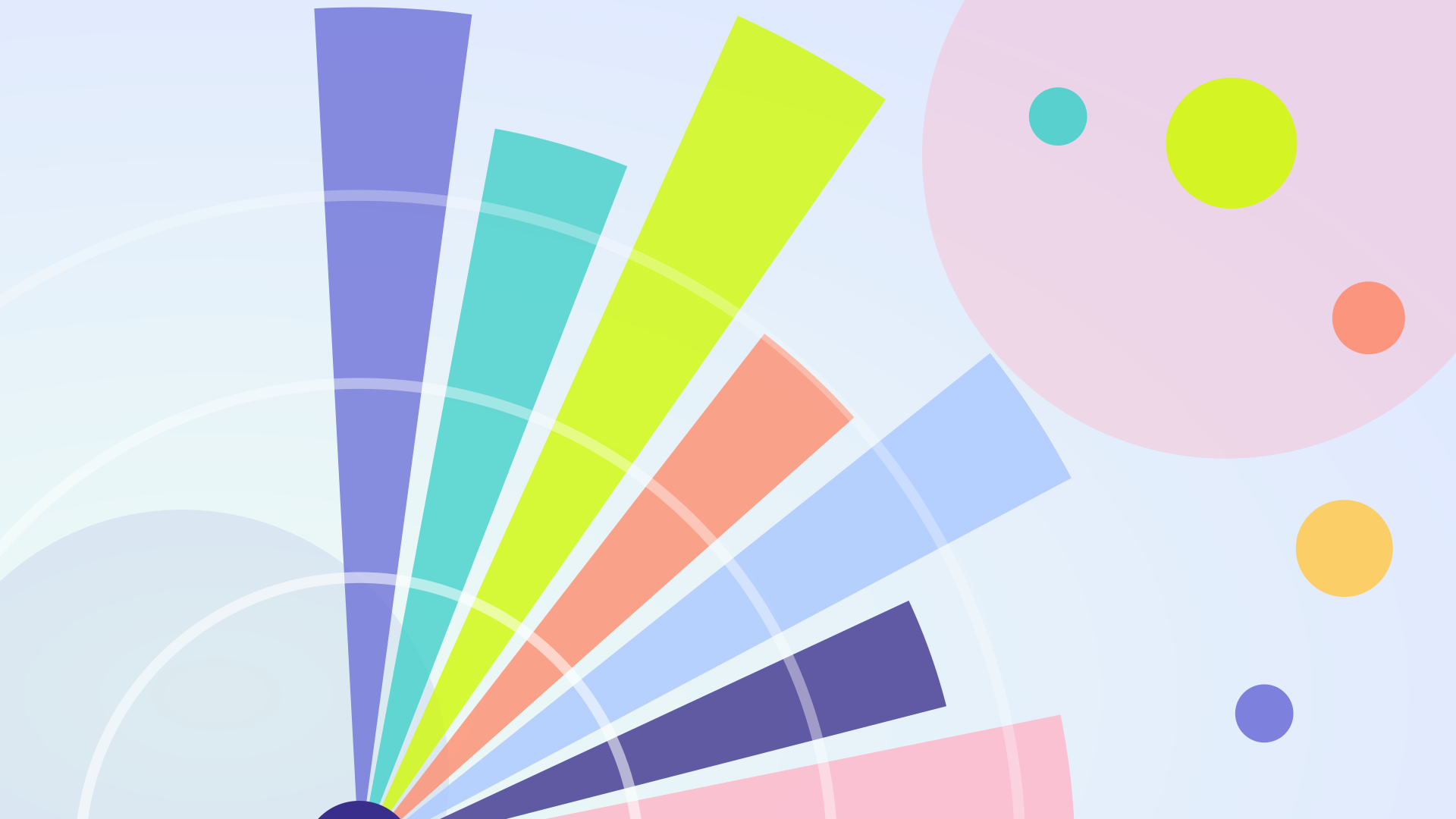 Abstract illustration of seven colored wedges fanning outward from a single origin point across concentric arcs